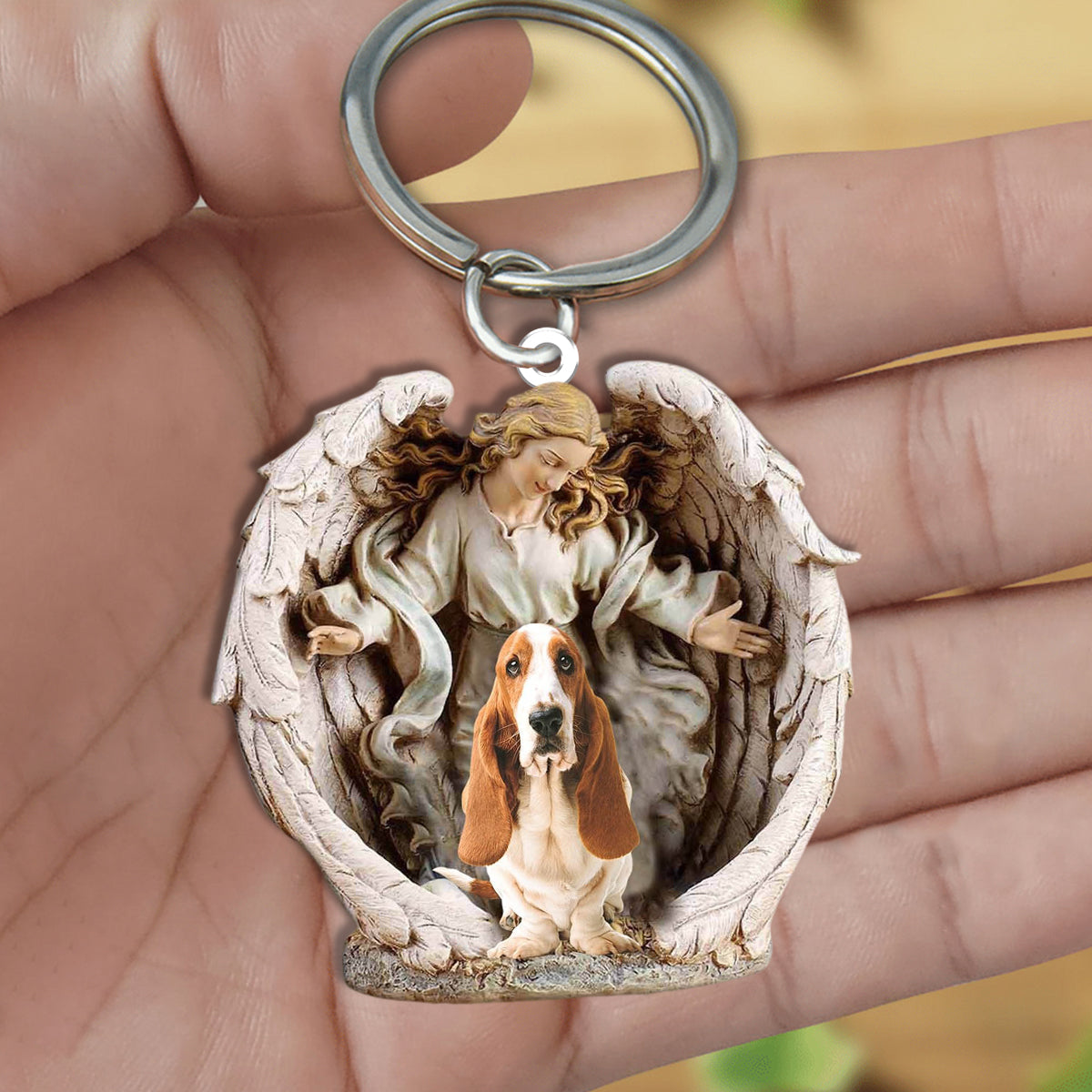 Angel Hug Basset hound Acrylic Keychain