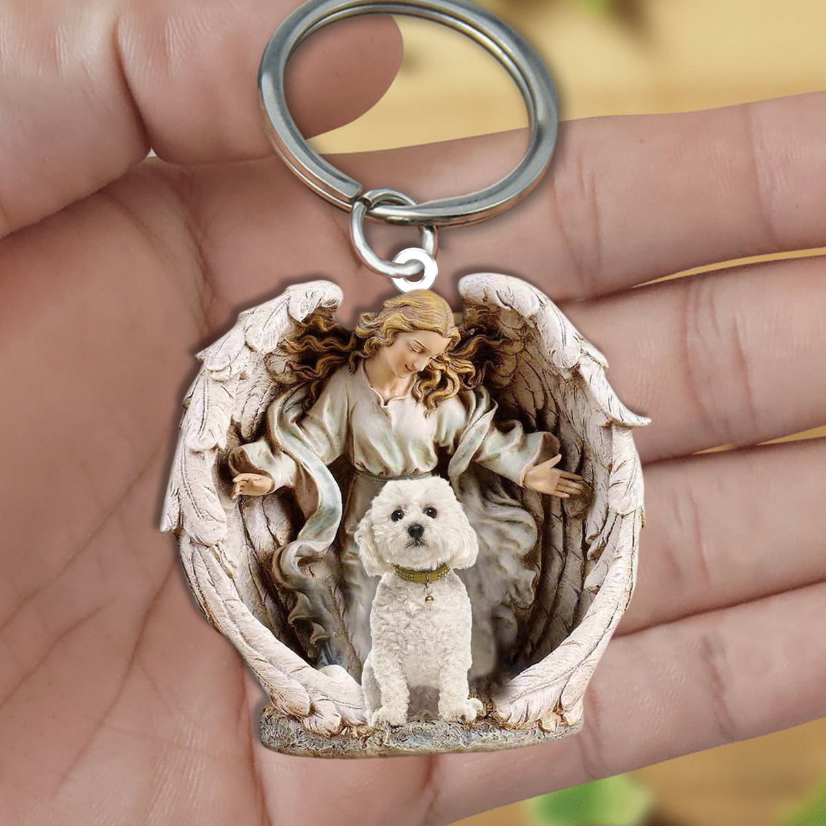 Angel Hug Bichon frise Acrylic Keychain