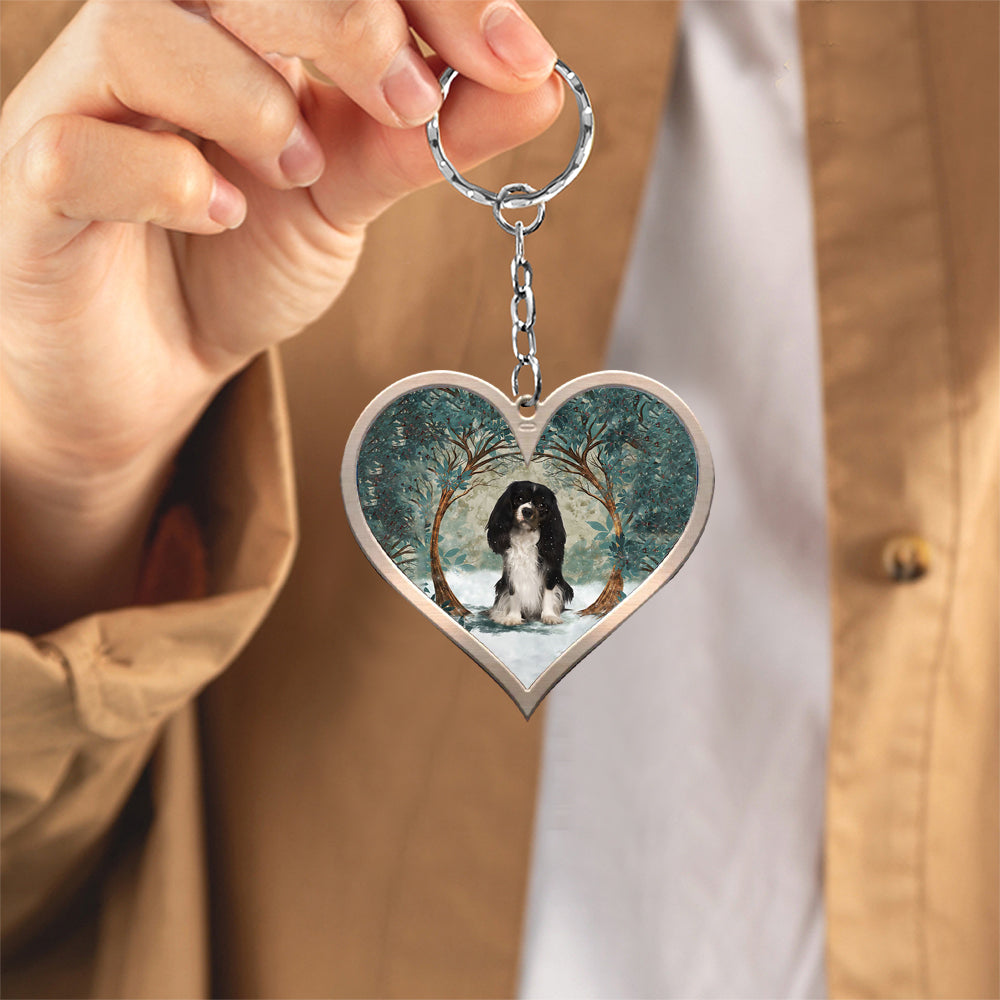 Cavalier King Charles Among Forest Heart Shape Stainless Steel Keychain