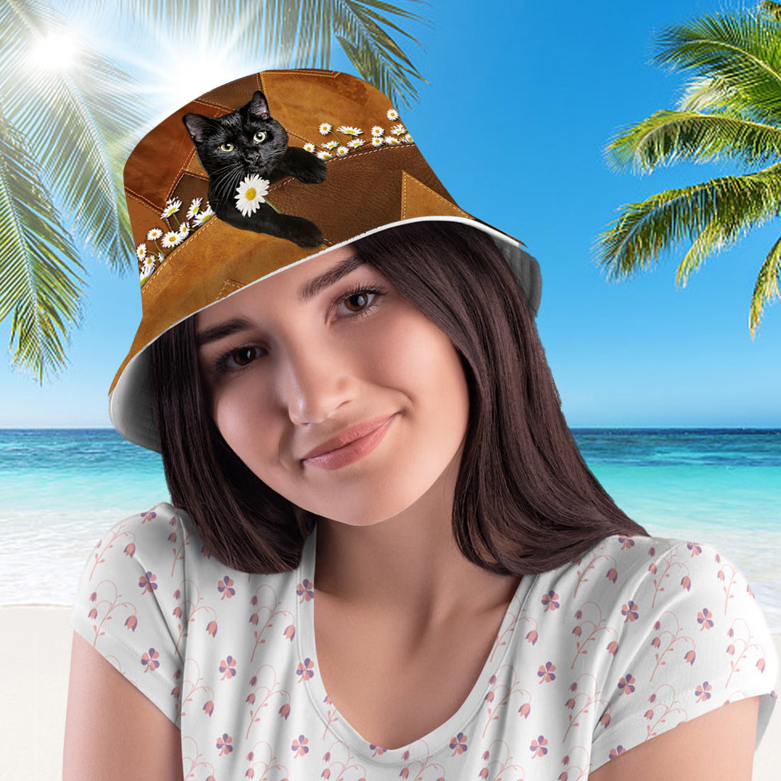 Black Cat3Holding Daisy Bucket Hat