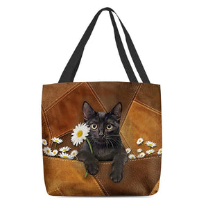 Black Cat Holding Daisy  All Over Printed Tote Bag