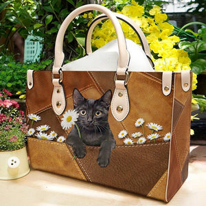 Black Cat Holding Daisy Leather Bag