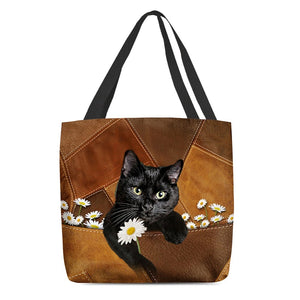 Black Cat Holding Daisy All Over Printed Tote Bag