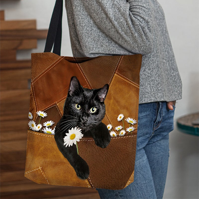 Black Cat Holding Daisy All Over Printed Tote Bag