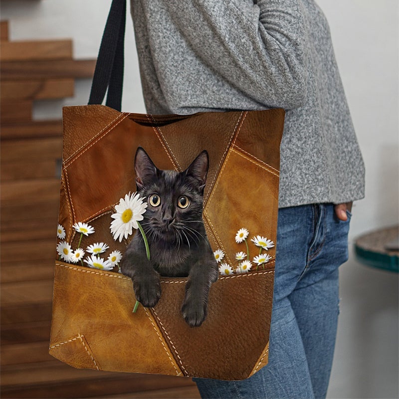 Black Cat Holding Daisy  All Over Printed Tote Bag