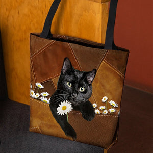 Black Cat Holding Daisy All Over Printed Tote Bag