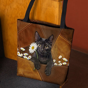 Black Cat Holding Daisy  All Over Printed Tote Bag