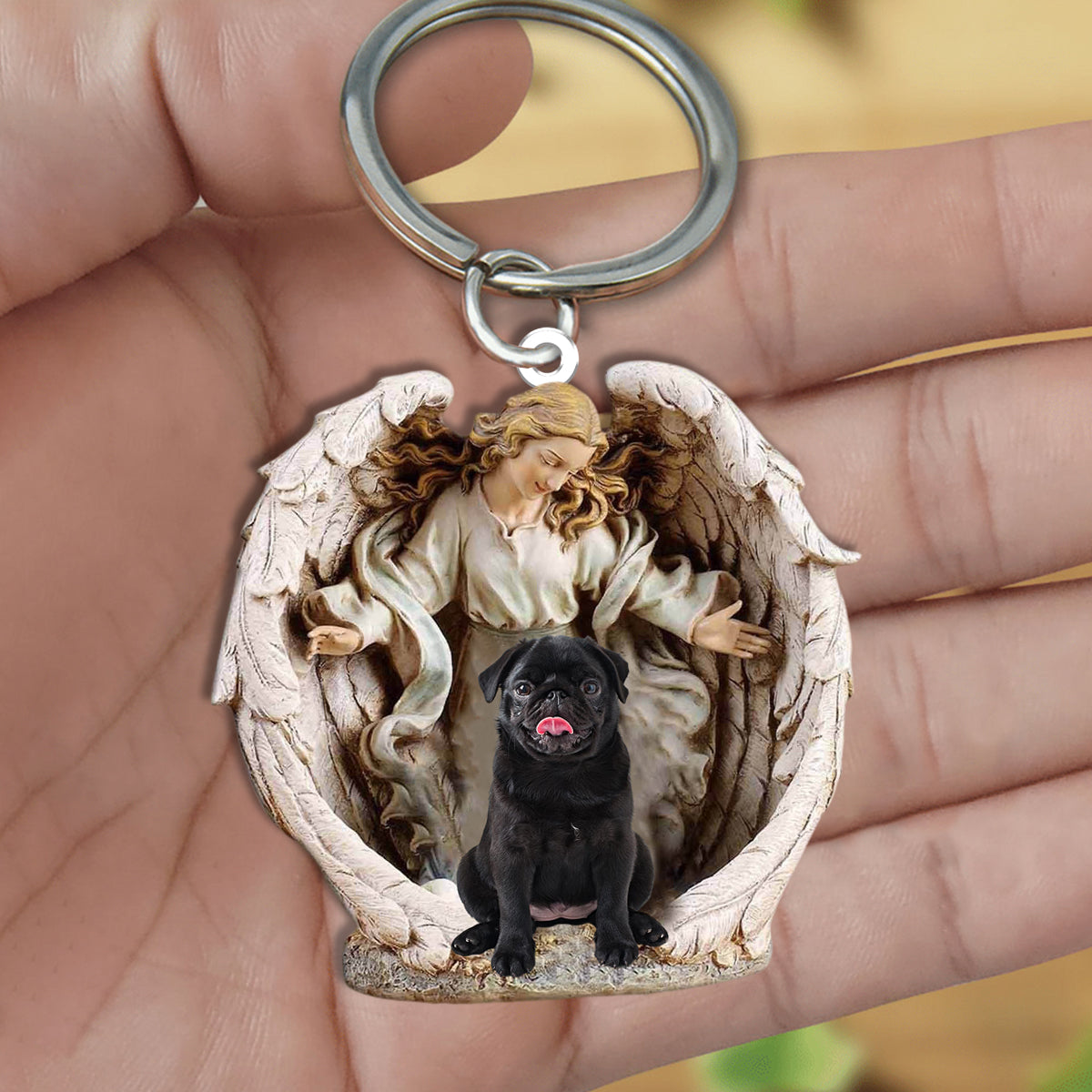 Angel Hug Black Pug Acrylic Keychain