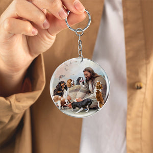 Jesus Surrounded By Cavalier King Charles Spaniels-Round Resin Epoxy Metal Keychain