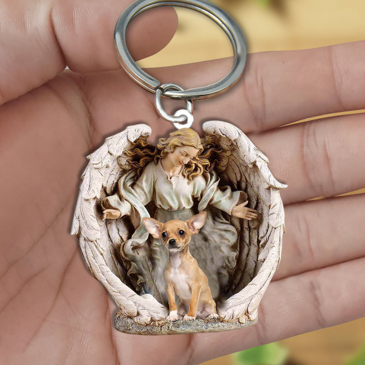 Angel Hug Chihuahua2 Acrylic Keychain