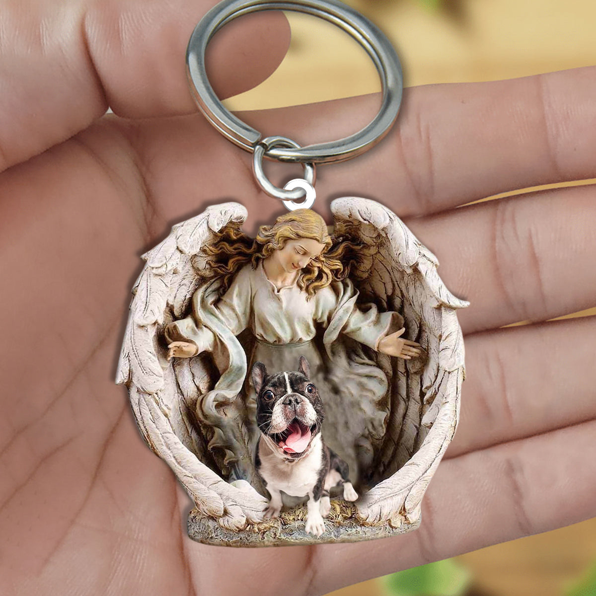 Angel Hug French Bulldog Acrylic Keychain