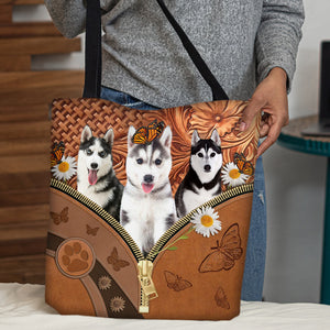 Husky Daisy Flower And Butterfly Tote Bag