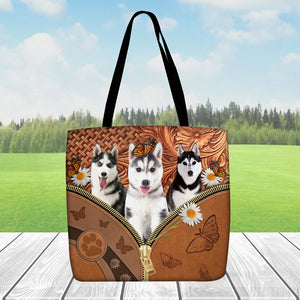 Husky Daisy Flower And Butterfly Tote Bag