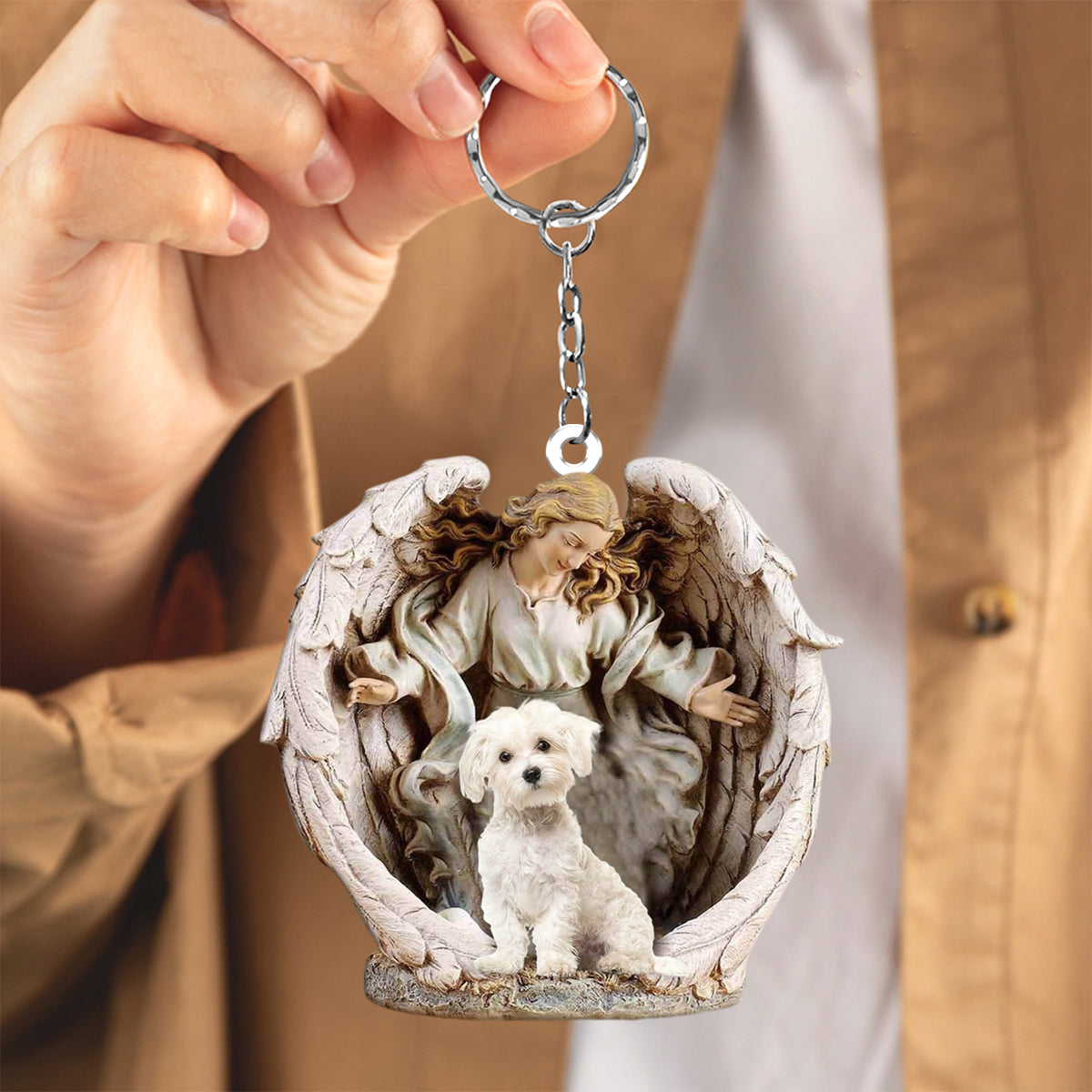 Angel Hug Maltese Acrylic Keychain