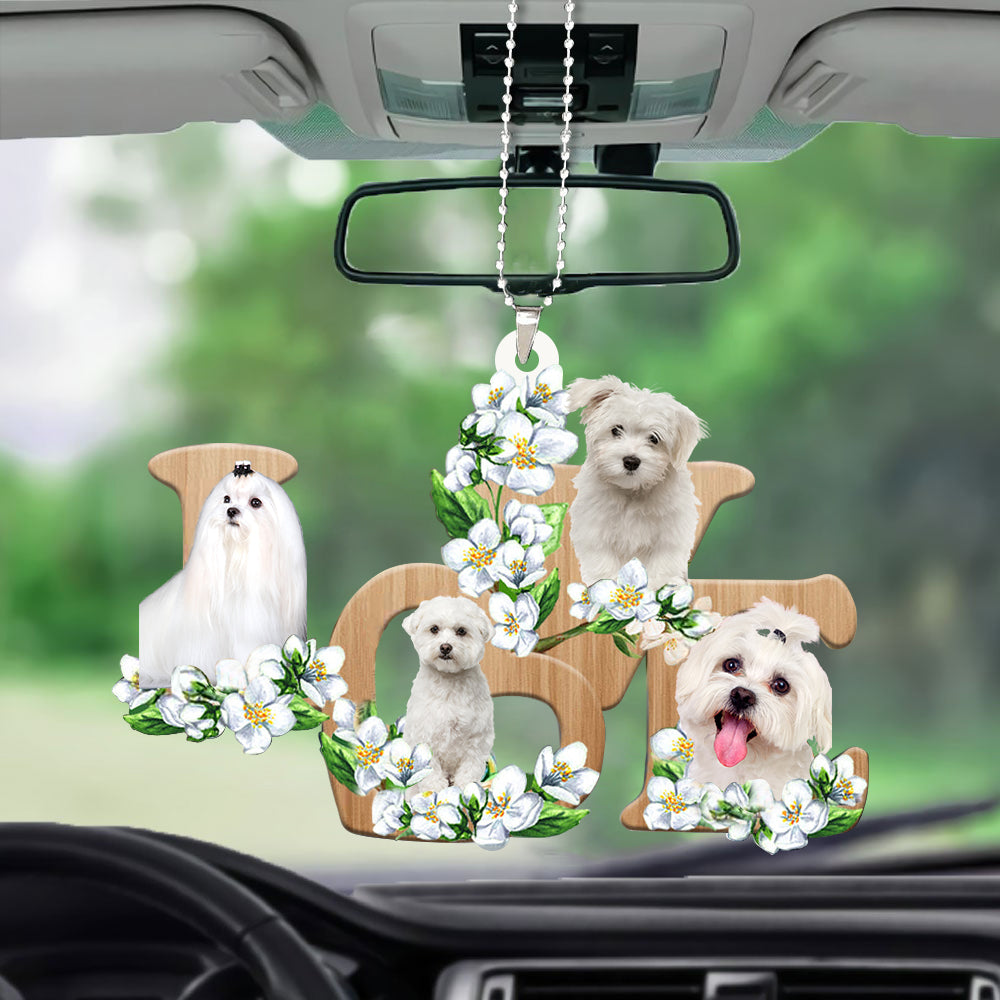 Maltese Love Flowers Dog Lover Car Hanging Ornament