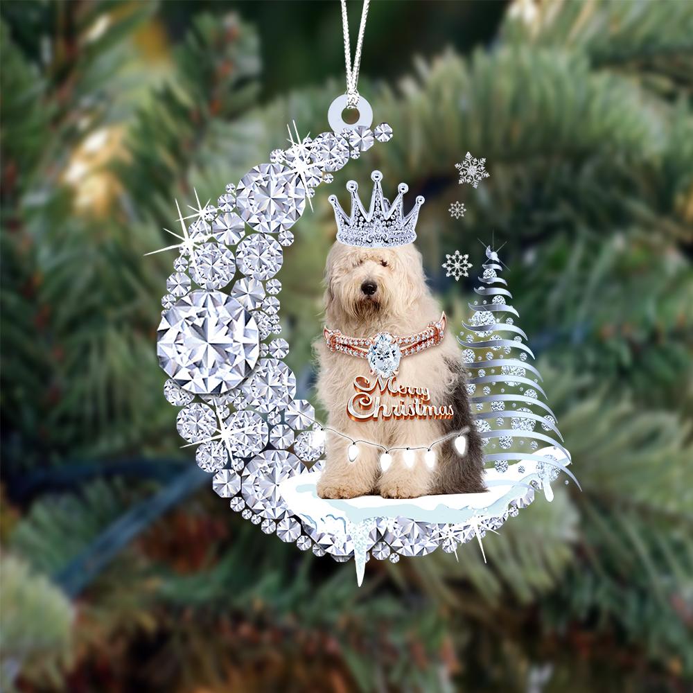 Old English Sheepdog Diamond Moon Merry Christmas Ornament