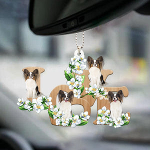 Papillion Love Flowers Dog Lover Car Hanging Ornament