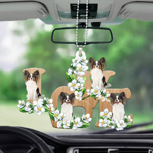 Papillion Love Flowers Dog Lover Car Hanging Ornament