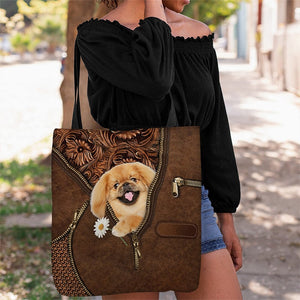 Pekingese Holding Daisy Tote Bag