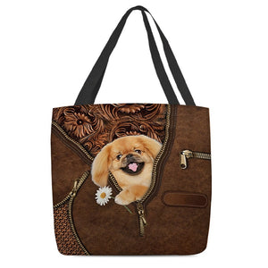 Pekingese Holding Daisy Tote Bag