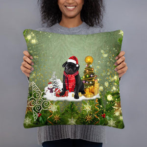 Black Pug Merry Christmas Pillow Case