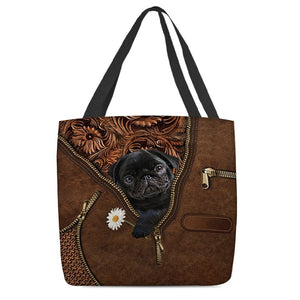 Black Pug Holding Daisy Tote Bag