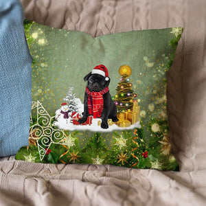 Black Pug Merry Christmas Pillow Case