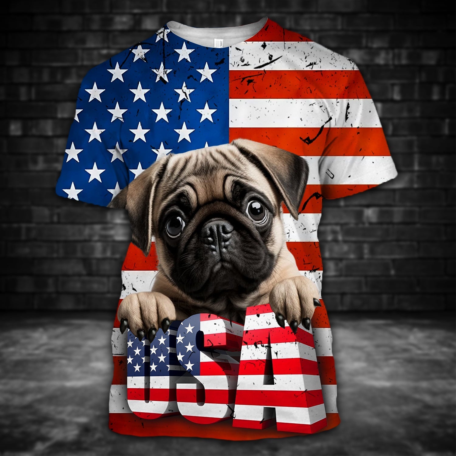 Pug Fawn - Dog American Flag 3D Graphic Unisex T-shirt