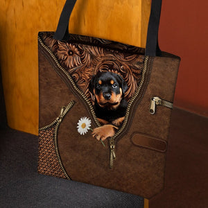 Rottweiler Holding Daisy Tote Bag