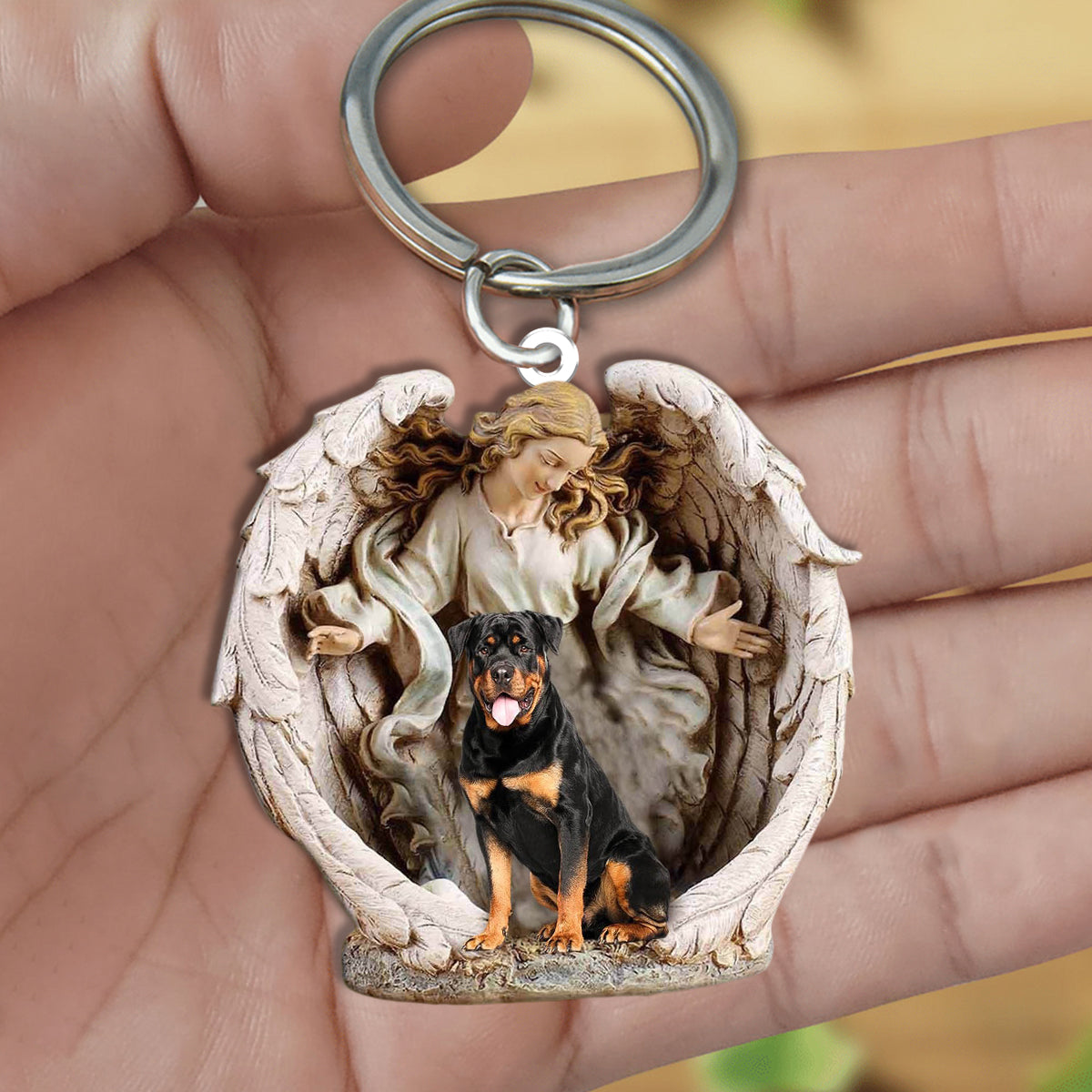 Angel Hug Rottweiler Acrylic Keychain