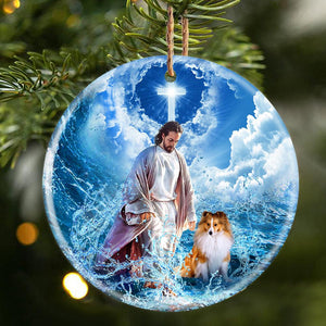 Shetland Sheepdog And God Walking On The Ocean Wave Porcelain/Ceramic Ornament