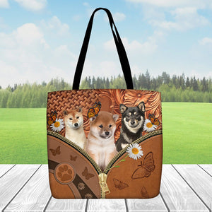 Shiba Inu Daisy Flower And Butterfly Tote Bag