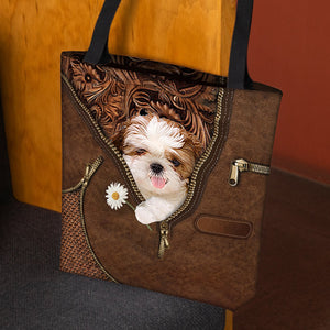 Shih Tzu Holding Daisy Tote Bag