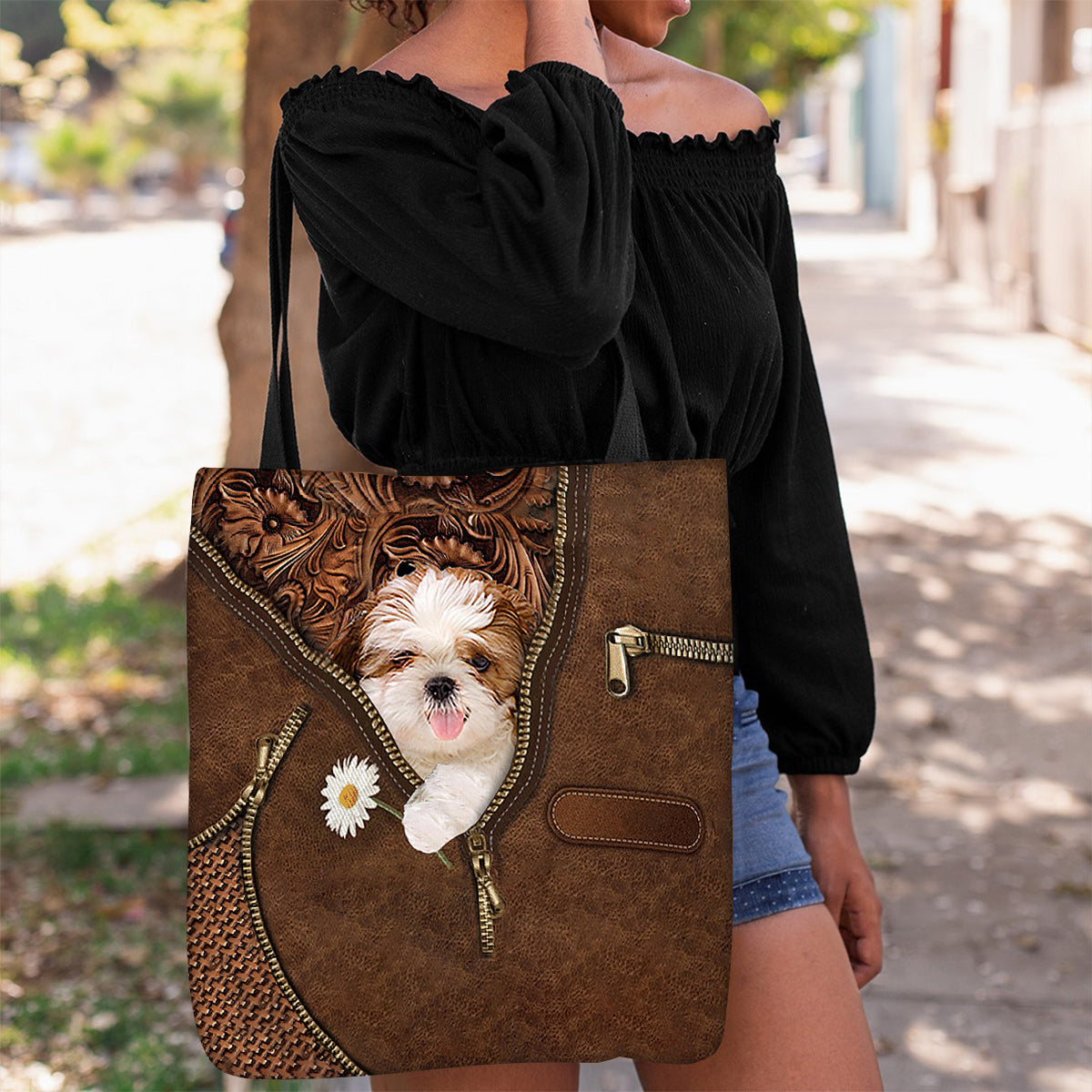 Shih Tzu Holding Daisy Tote Bag