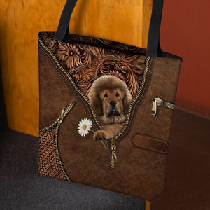 Tibetan Mastiff Holding Daisy Tote Bag