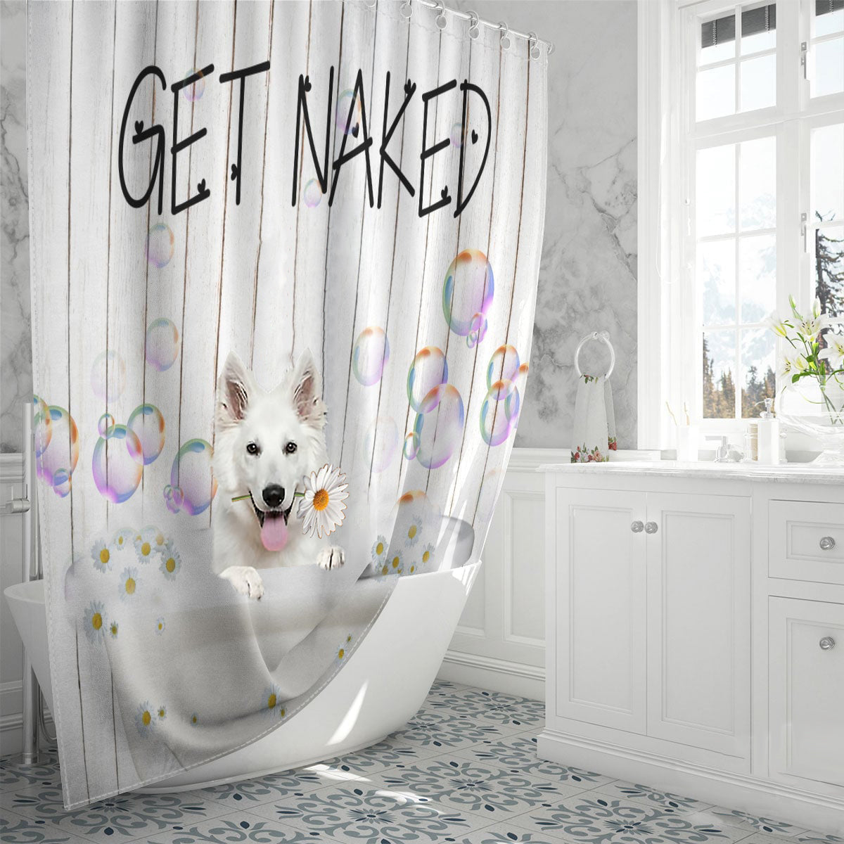 White German Shepherd Get Naked Daisy Shower Curtain - OKBANDS