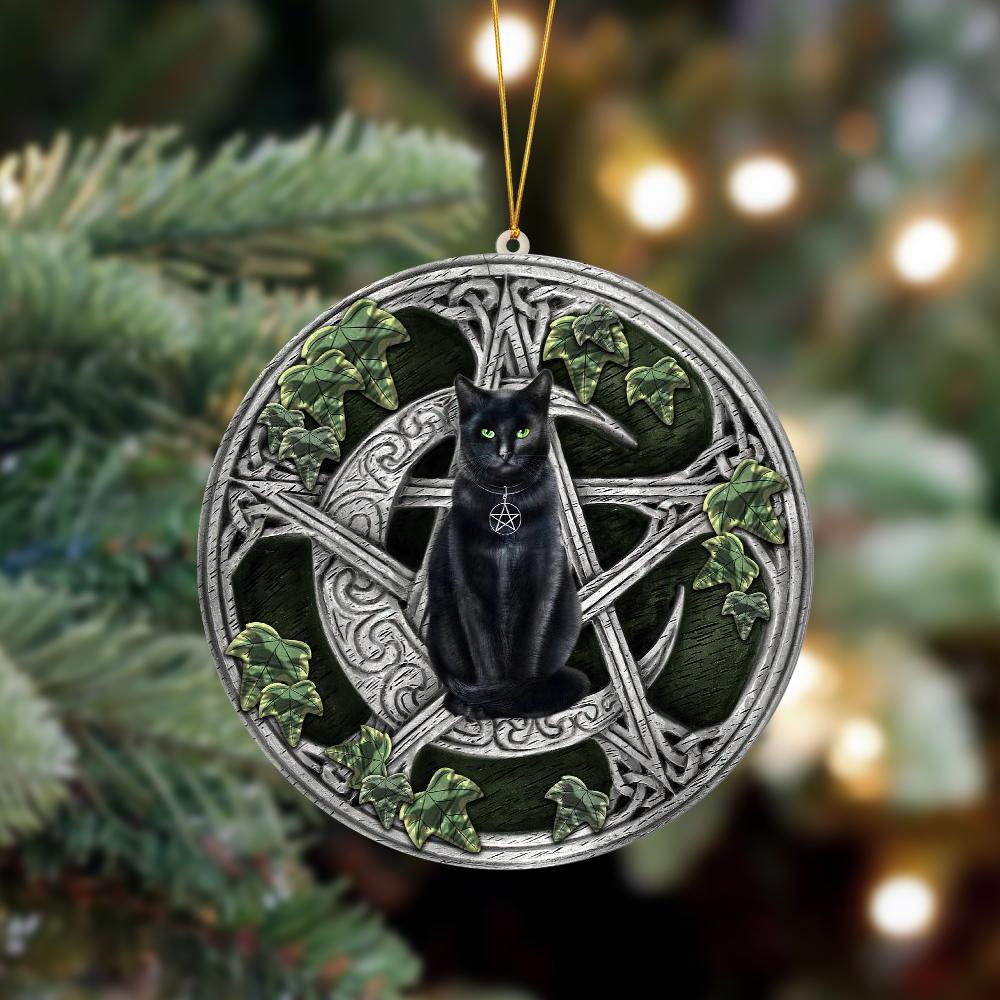 Witchcraft Wiccan Black Cat Sits On The Moon Hanging Ornament