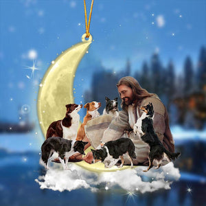 Jesus Surrounded By border collies On The Moon Ornament