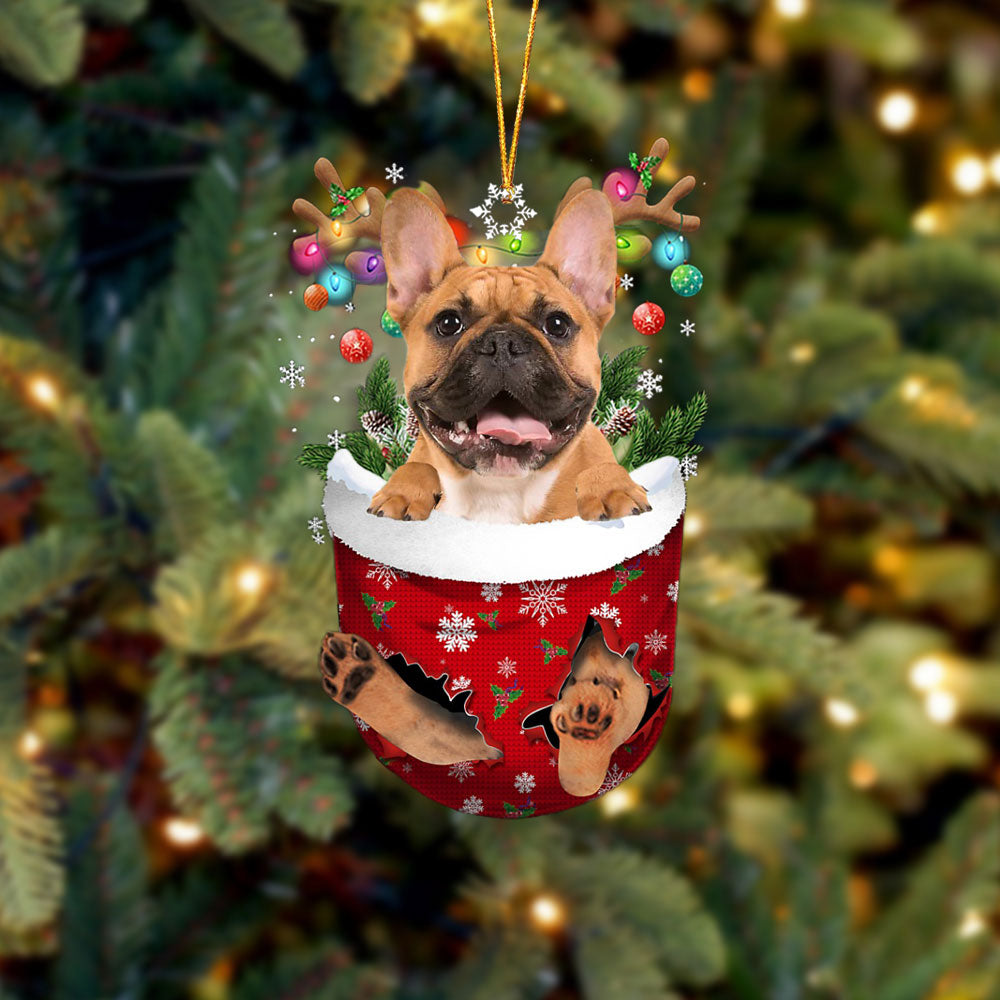 brown French Bulldog In Snow Pocket Christmas Ornament