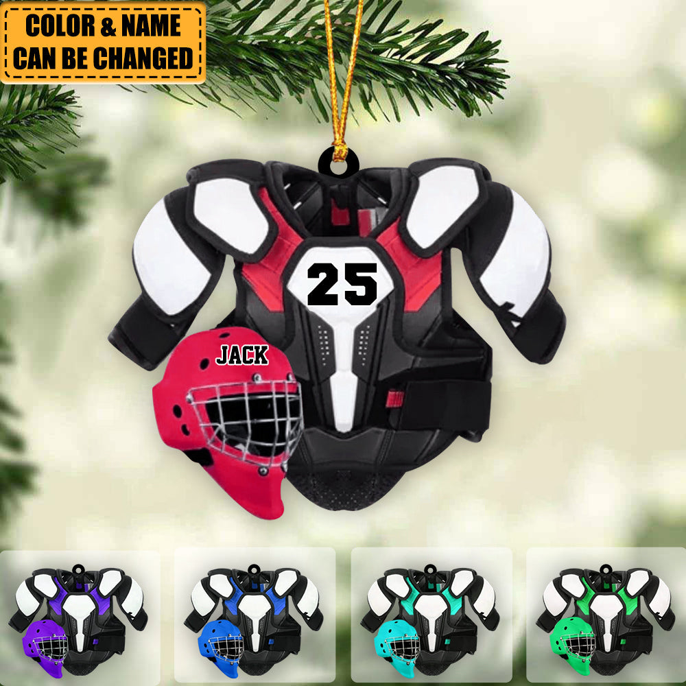 Personalized Ice Hockey Helmet and Shoulder Pads Christmas Ornament