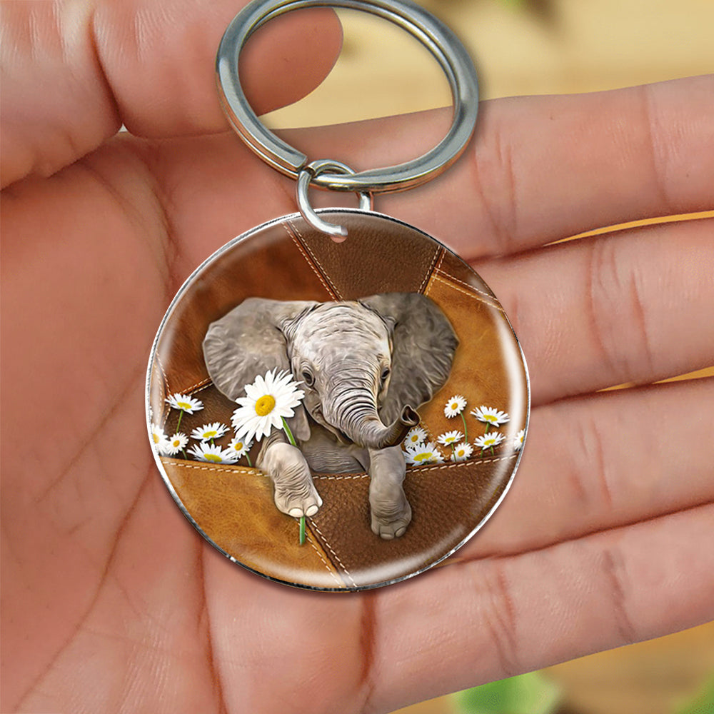 elephant Holding Daisy-Round Resin Epoxy Metal Keychain